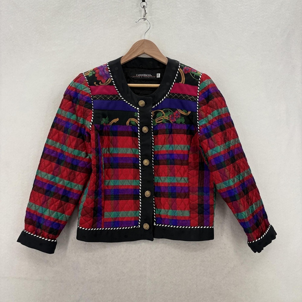 Vintage Canvasbacks Jacket Womens XS Red Silk Quilted Plaid Floral Artsy 80s